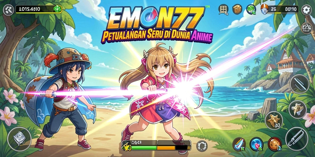 Tangkapan layar dari gameplay EMON77 menampilkan pertarungan seru di dunia Anime.