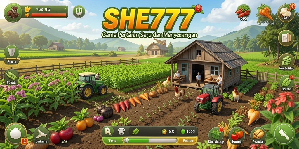 Tampilan gameplay SHE777 dengan aktivitas bertani yang seru.