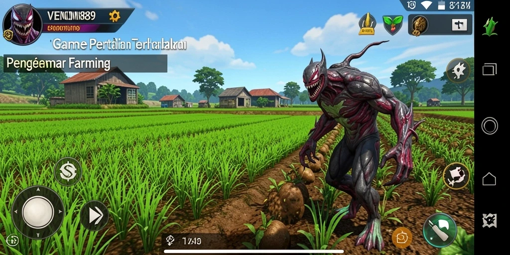Screenshot gameplay VENOM889 menampilkan kebun dan hewan ternak yang indah.